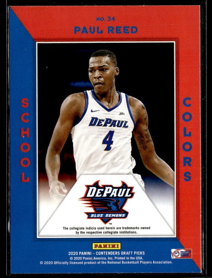 2020 Panini Contenders Draft Picks Paul Reed School Colors RC #34 Blue Demons - Image 2 of 2