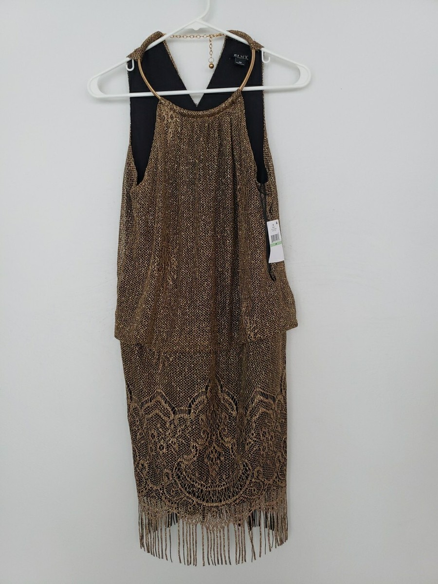 S.L. Fashions Women's Blouson Halter Crochet Fringe Hem Short Dress (Missy Petite)