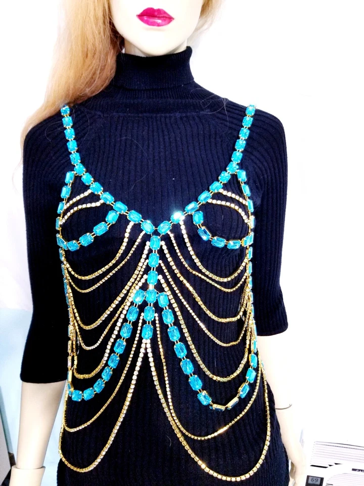 Rhinestone Body Belly Chain Crystal Bra Harness Large Blue - Image 4 of 4