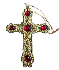 Cross Ornament Ornate Metal Red Stones Decoration Valentine Christmas