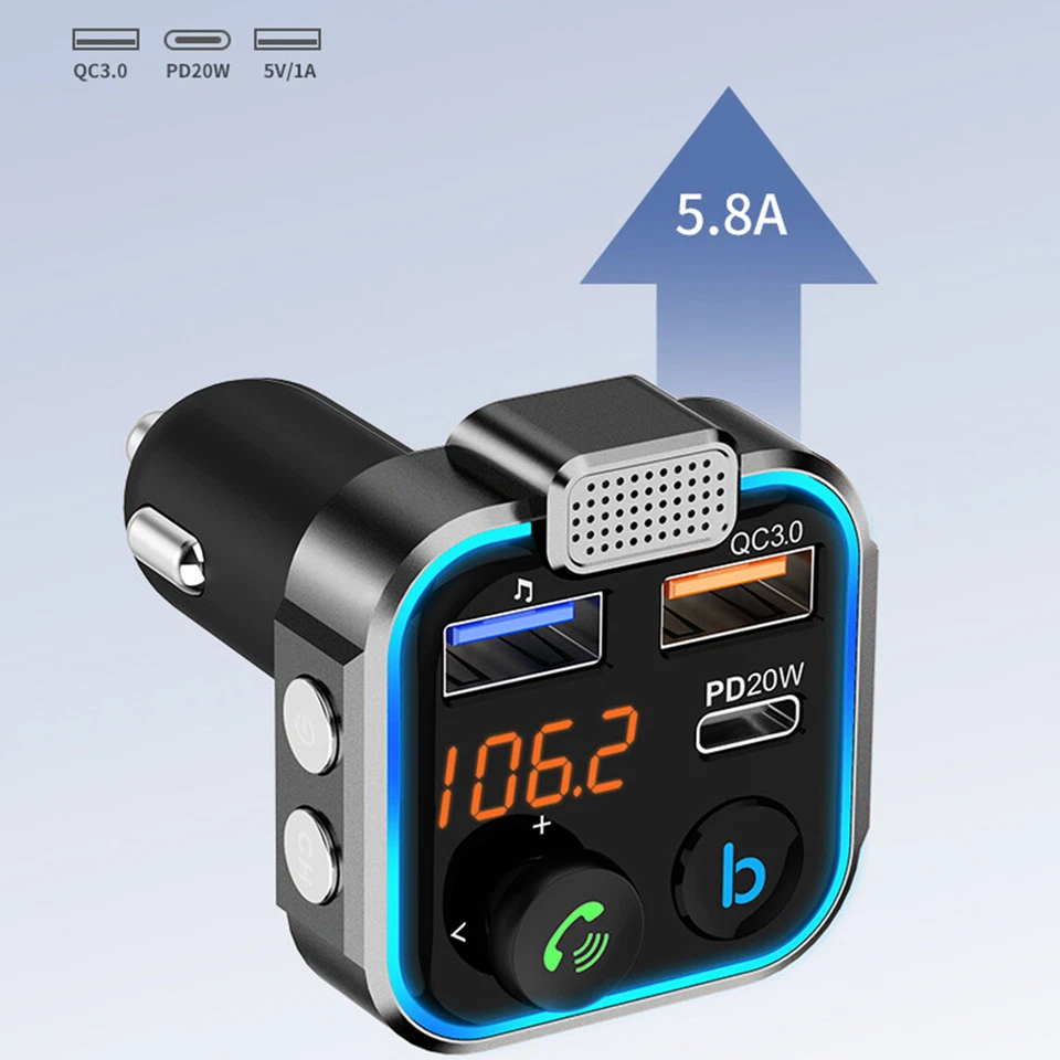 Car Wireless Bluetooth 5.0 FM Transmitter QC3.0 PD20W Charger Adapter Hands Free - Image 4 of 4