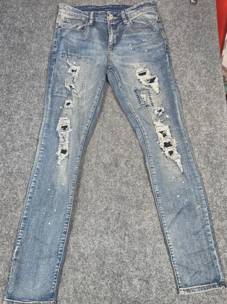 34x34 RUE21 patchs jeans homme Supreme Flex peinture maigre détresse denim léger