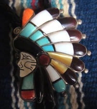 Zuni Ralph Quam Unsigned Chief's Head Mosaic & Channel Inlay Bolo Lovely! Y