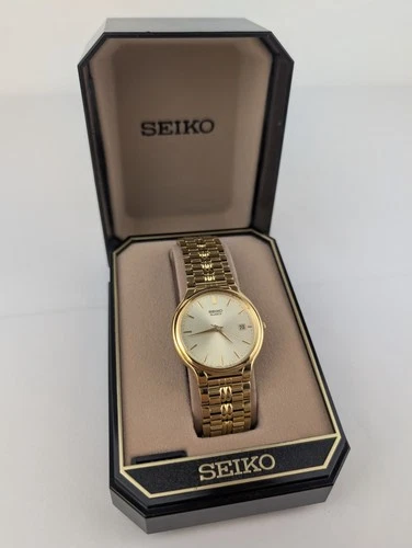 UNWORN Vtg Men’s Seiko Quartz Gold Tone Date Watch V722 7058 Running W/ Box