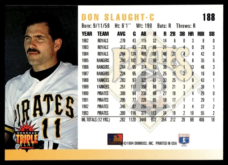 1994 Triple Play Don Slaught Pittsburgh Pirates #188 - Image 2 of 2