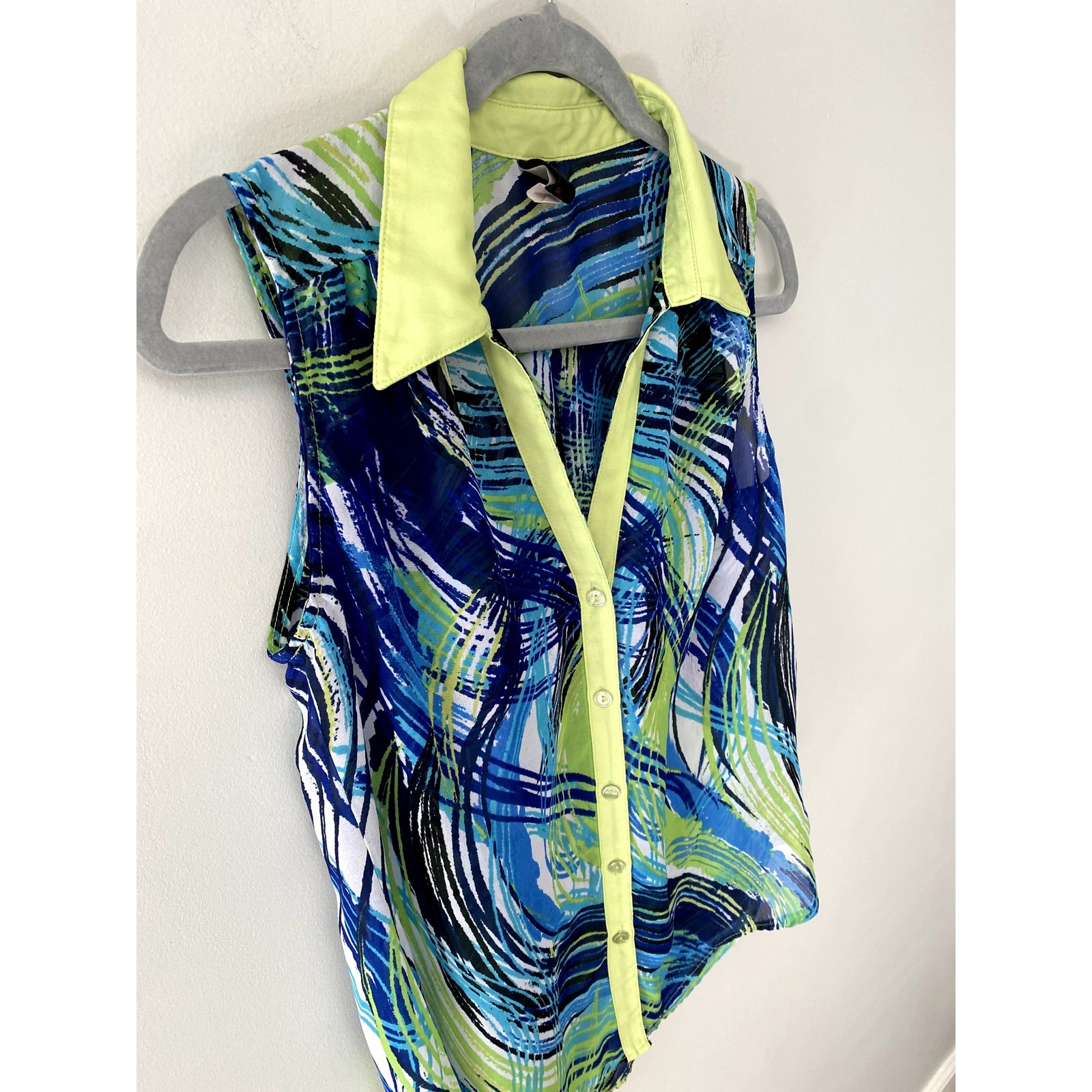 Y2K Wrapper Collared Button-up Green and Blue Pat… - image 2