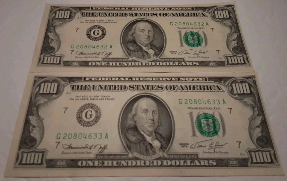1974 $100 BILLS 2 Lot Sequential Serial Numbers Clean Crisp Authentic Currency - Image 3 of 4