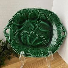 Antique Green Majolica Leaf Design Serving Dish Makers Stamp Deep Rich Green