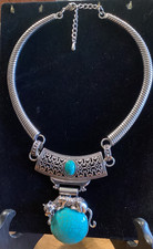 Nice Faux Turquoise And Silver Tone Choker Necklace
