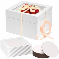 15 Pack Cake Boxes 10x10x8 Inch with Window - White Square Cake Box with 10 C...