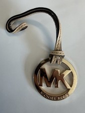 Michael Kors Gold Tone Leather Bag Charm Loop Purse Round MK Logo Hang Tag Fob