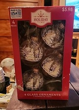 4 VTG Holiday Time Glass Ball Christmas Ornaments Clear White Gold Tree FP