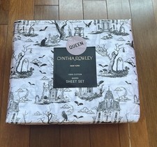 CYNTHIA ROWLEY New Halloween Haunted Toile Black White Queen Sheet Set 4PC