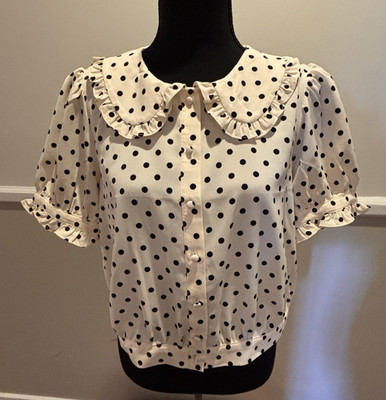 Cupcakes & Cashmere Ivory/Black Polka Dot Puff Sleeve Blouse, Sz. M, Cropped