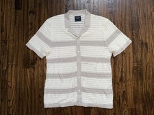 Abercrombie  Fitch Knit Button-Up Sweater Polo Shirt Beige Stripes Sz Large