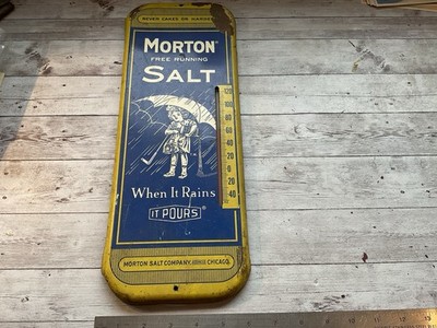 ORIGINAL ANTIQUE MORTONS SALT METAL ADVERTISING SIGN / THERMOMETER
