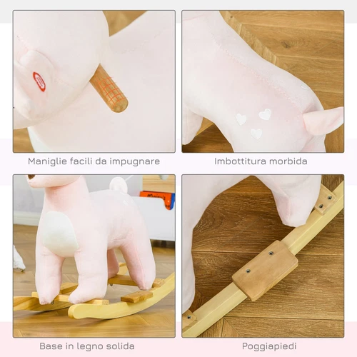 HOMCOM Cavallo a Dondolo per Bambini 3-6 Anni Cervo in Peluche Rosa 68x35.5x64cm - Foto 7 di 10