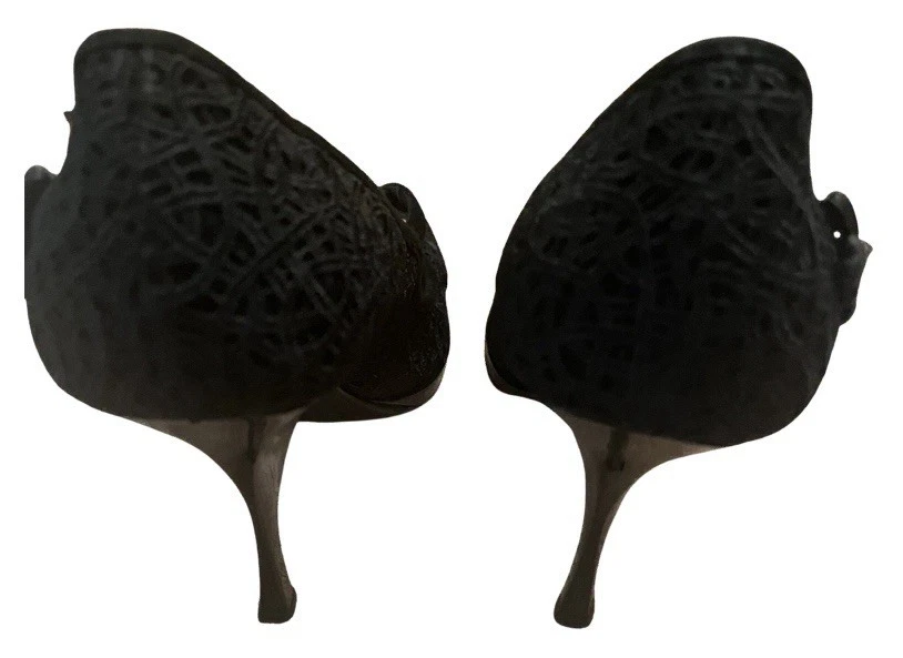 Casadei Black Lace Floral Applique Peep Toe Heels 8.5 Made in Italy - Image 4 of 4