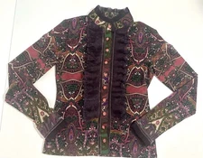 Anac Fringe Paisley Print Ruffle Shirt with Velvet Trim Purple Regal Design M