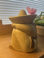 Vintage Pottery Craft Made in USA Ceramic Figural Covered Candy Jar Sombrero Man