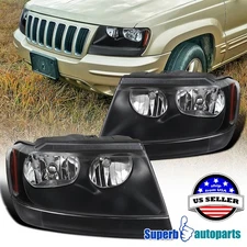 Fits 1999-2004 99-04 Jeep Grand Cherokee Headlights Black W/ Corner Signal Lamps