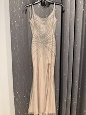 GB Champagne Beaded Glitter Long Gown Size 7 Scoop Neck Illusion Back Slit