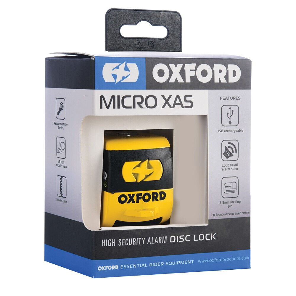 Oxford Micro XA5 Motorcycle Scooter High Security 110dB Alarm Disc Lock Yellow