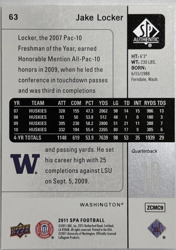 2011 SP Authentic #63 Jake Locker - Image 2 of 2