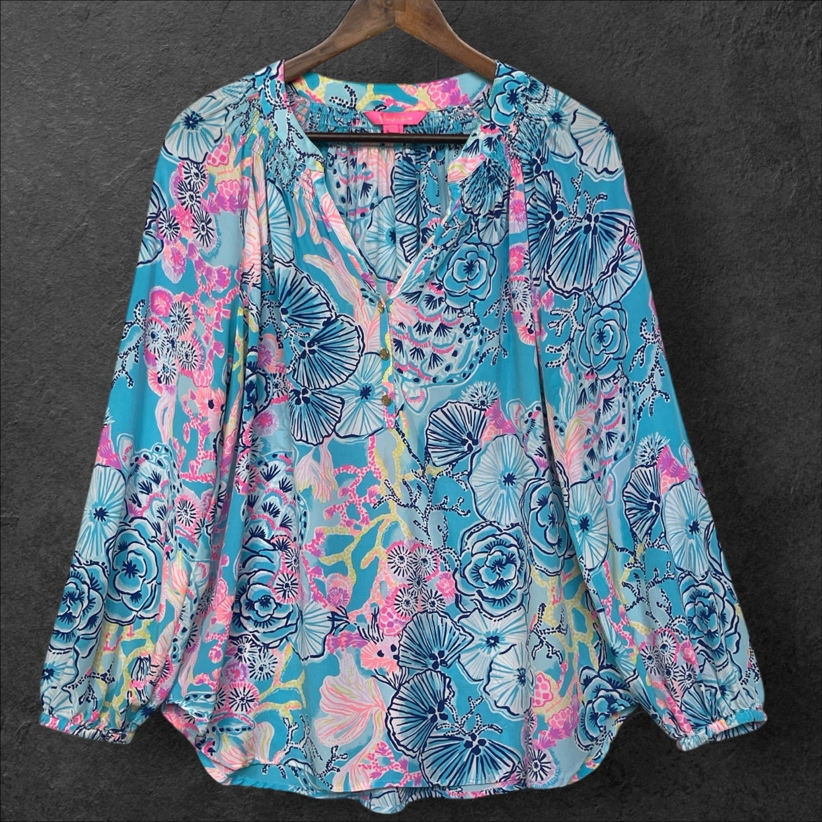 Lilly Pulitzer Elsa Silk Blouse Women XL Blue Boho Coastal Peasant Top