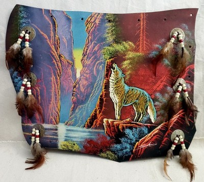 Native American Mandella Shield Hand Painted Wolf On Leather Signed