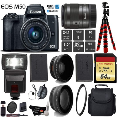 Canon EOS M50 Mirrorless Digital Camera with 15-45mm Lens + Flash + UV FLD CPL