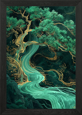 Emerald River & Golden Tree Framed Wall Art Poster Canvas Print Picture