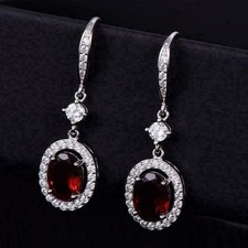 4 Ct Oval Cut Red Ruby Diamond Halo Dangle Drop Earrings 14K White Gold Finish