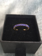 Vintage Gold Tone Eternity Band Ring With Blue Crystal Stones Size 7.5/O-P