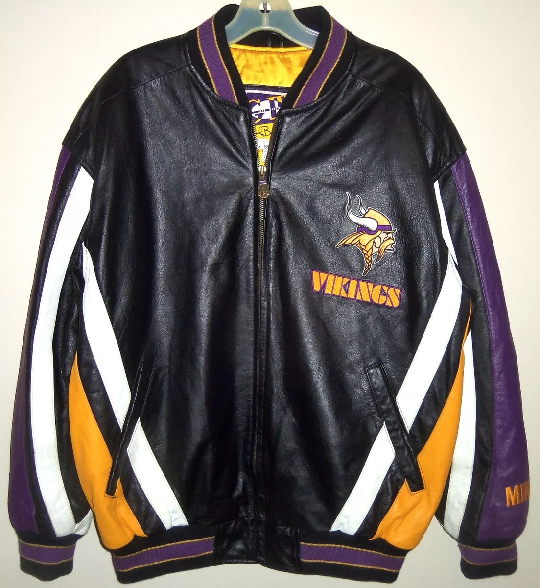 VINTAGE 90's MINNESOTA VIKINGS NFL G-III CARL BANKS ZIP-UP LEATHER JACKET M NICE