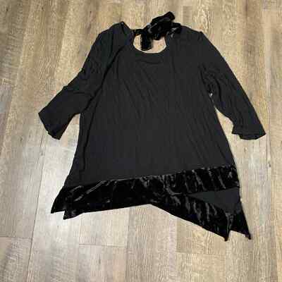 Cha Cha Vente Top Womens Size XL Petite Black Velour 3/4 Sleeves Tie Back