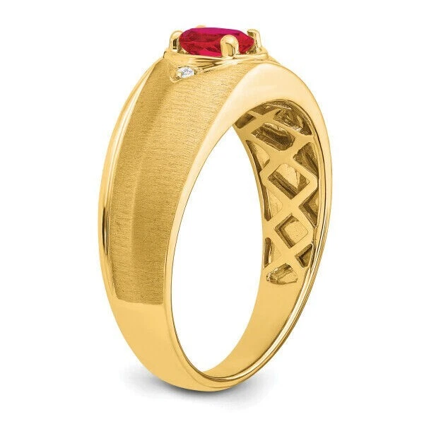 14k Yellow Gold Oval Cut Natural Ruby and Diamond Men's Signet Band Ring - Image 4 of 4