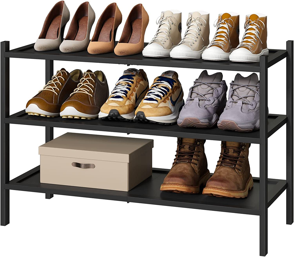 3-Tier Black Bamboo Shoe Rack Stackable Foldable Natural Entryway Organizer