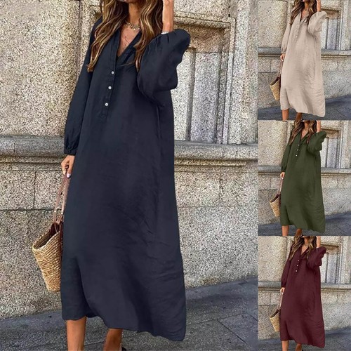 Plus Size Women's Cotton Linen Dress Button V-neck Loose Casual Long Swing Dress