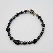 Black Beaded Boho Bracelet Silver Tone 7.75 *
