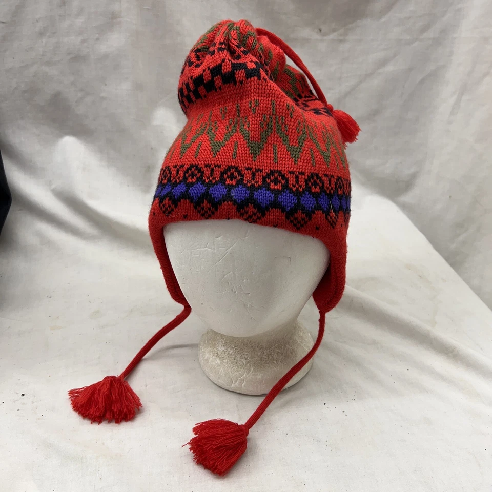 vintage stocking hat 1970 1980s ski retro tuque Beanie Tassels Red Purple Black - Image 2 of 4
