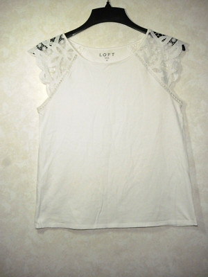 Loft Top Women M White Boat Neck Embroidered Lace Cap Sleeve