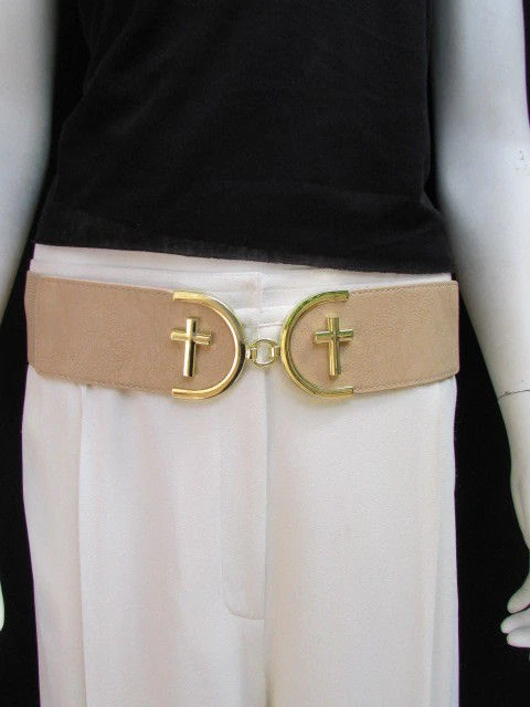 WOMEN WAIST HIP BEIGE WAISTBAND ELASTIC FASHION BELT GOLD CROSS BUCKLE SIZE S M - Image 2 of 4