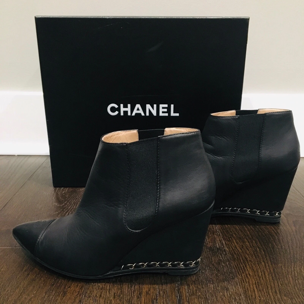 Chanel. Black Leather Ankle Boots With Wedge Heel. Rounded Toe. With  Reference Number. They Have