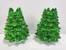 2 Vintage Christmas Tree CandleStick Holders Holiday Painted Metal Pine Tapers