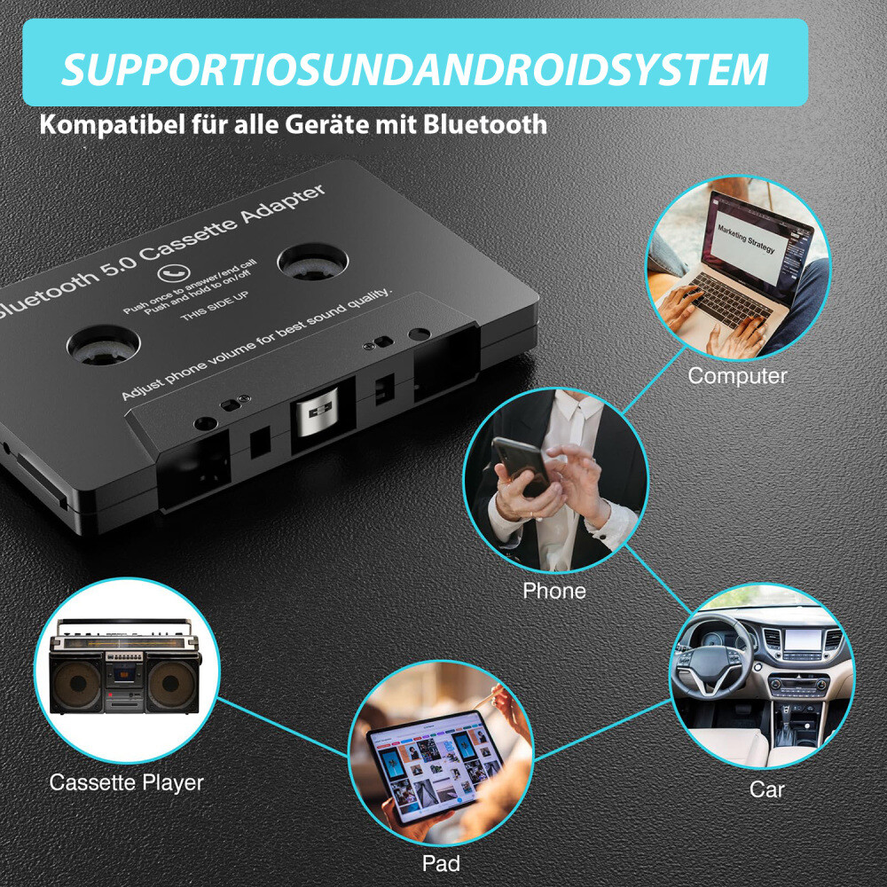 Kassetten Aux Adapter Auto BT(Bluetooth) 5.0 Audio Kassetten zu AUX Kassette DE