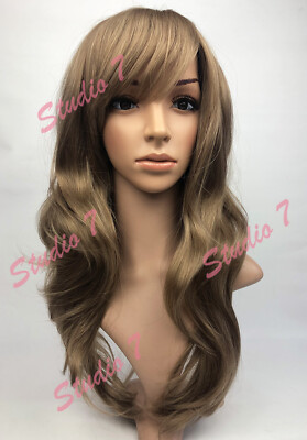 W7 dunkelblonde lange gewellte Perücke Kunsthaut Top studio7-uk