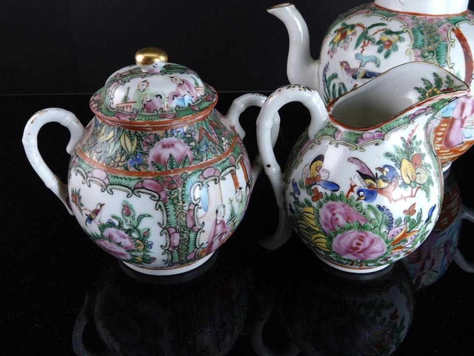 Antique Chinese Famille Rose Medallion Teapot Creamer and Sugar eBay