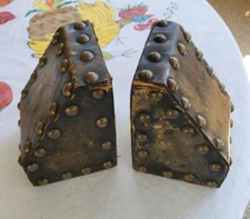 Vintage Wooden Brown Leather Covered Metal Studded Bookends - Set of 2 