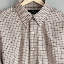 Lauren Ralph Lauren Non Iron Classic Button Down Shirt Plaid Tan Purple 16 34/35